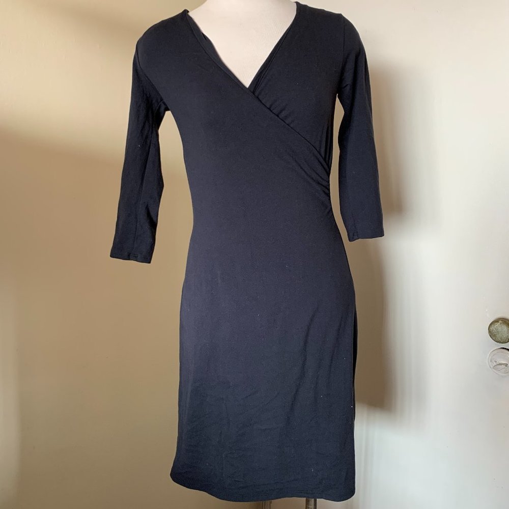 ATHLETA BLACK FAUX WRAP 1/2 SLEEVE DRESS SIZE M